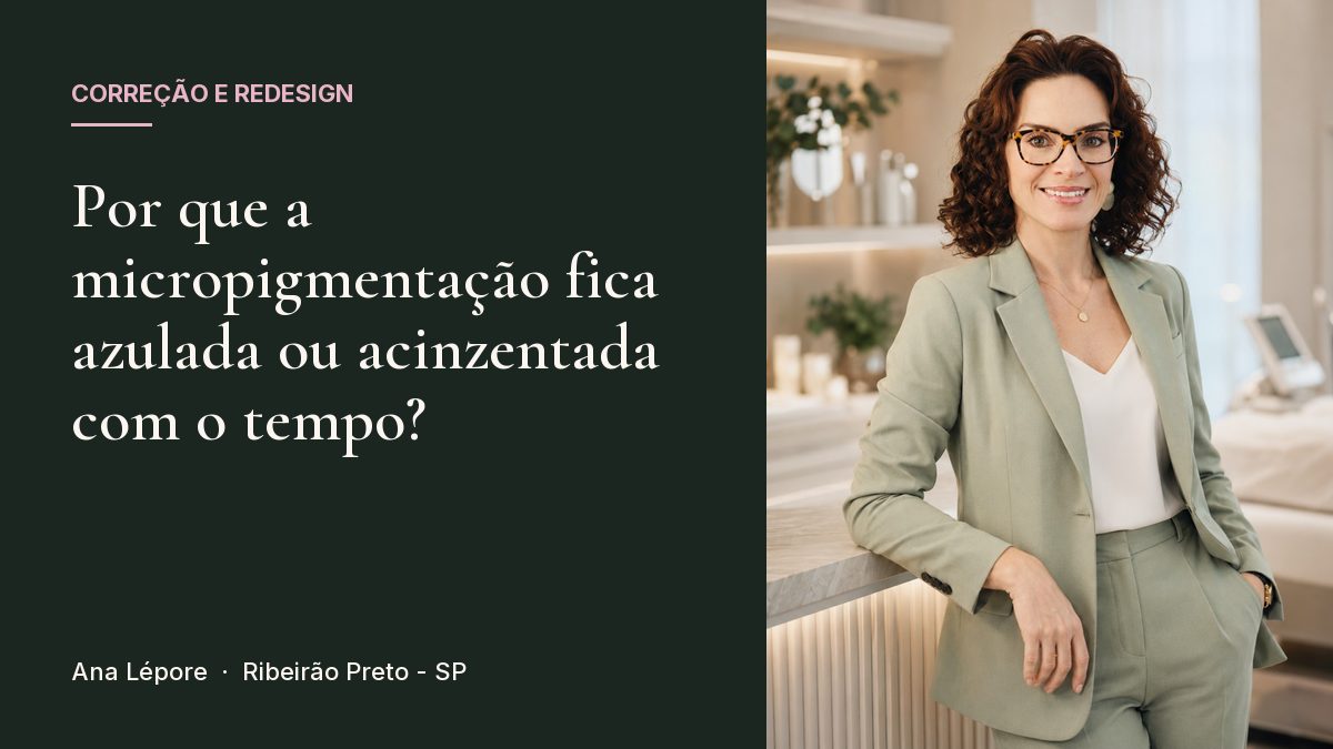 Capa do artigo Por que a micropigmentação fica azulada ou acinzentada com o tempo?, com a foto de Ana Lépore no studio em Ribeirão Preto