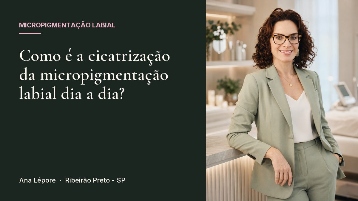 Capa do artigo Como é a cicatrização da micropigmentação labial dia a dia?, com a foto de Ana Lépore no studio em Ribeirão Preto
