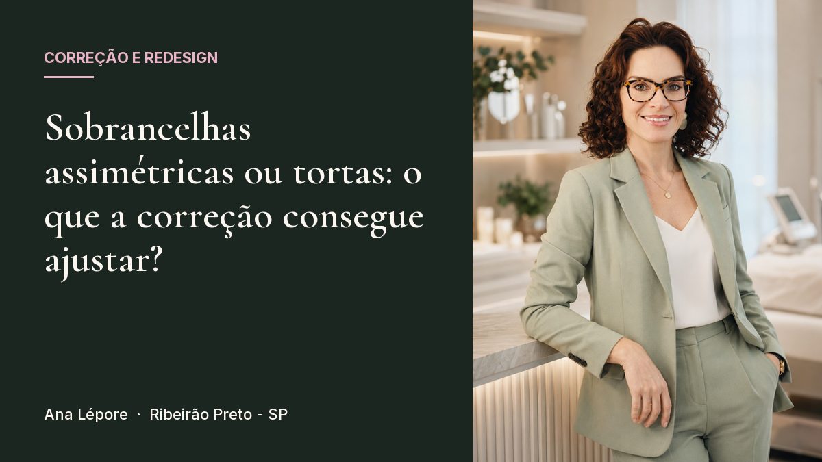 Capa do artigo Sobrancelhas assimétricas ou tortas: o que a correção consegue ajustar?, com a foto de Ana Lépore no studio em Ribeirão Preto